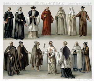 15世紀から18世紀のヨーロッパにおける修道院の衣装。ラシネの「Le costume historique」に掲載されたイラスト
