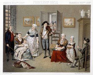 音楽家が家の中で家族のために演奏しているところ。ラシネの「Le costume historique」に掲載されたイラスト 作： Albert Charles August Racinet