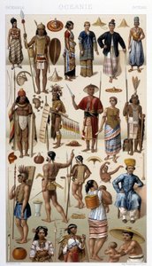 マレーシア、ポリネシア（オセアニア）の人々。ラシネによる「Le costume historique」のイラスト 作： Albert Charles August Racinet