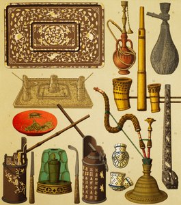 パイプと喫煙者が使用していた物、シュミットのリトグラフ、オーギュスト・ラシネ（1825-1893）の『The Complete Costume History』第1巻より、パリ