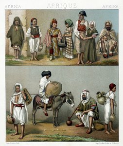 アルジェリアとチュニジアの人気コスチューム。Racinetによる「Le costume historique」のイラスト 作： Albert Charles August Racinet