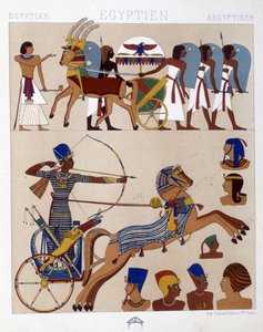 戦車に乗ったラムセス2世を含む古代エジプトのフレスコ画の複製 - ラシネの「歴史的衣装」にて 作： Albert Charles August Racinet