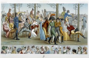 ロンシャンに向かうブルジョワたち。19世紀、ラシーネの「Le costume historique」に掲載されている。 作： Albert Charles August Racinet