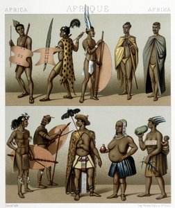 伝統的なカフェレリーの衣装（アフリカのメリディオナル地域）。Racinetによる「Le costume historique」のイラスト