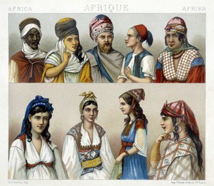 アルジェリアの男性と女性の伝統的な衣装と頭飾り。Racinetによる「Le costume historique」のイラスト