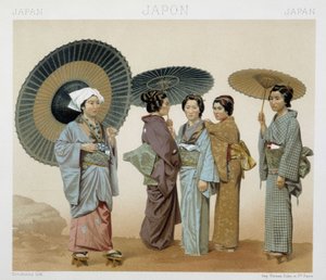 日本女性の伝統的なコスチューム。ラシネの「Le costume historique」に掲載されたイラスト 作： Albert Charles August Racinet