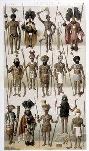 オセアニアの先住民族の伝統的なコスチューム。ラシネの「Le costume historique」に掲載されているイラスト