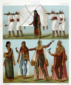交通機関と伝統的な女性の衣装。ラシネによる「Le costume historique」のイラスト 作： Albert Charles August Racinet