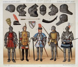 15-17世紀の戦士たち-ラシーネの「Le costume historique」にて 作： Albert Charles August Racinet