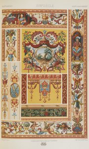 18世紀、「多色刷りの装飾品」のプレート89。金、銀、色の100枚のプレート」より 作： Albert Charles August Racinet