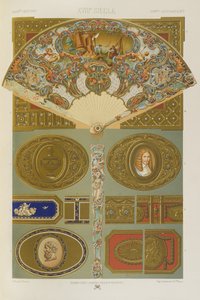 18世紀、「多色刷りの装飾」のプレート96。金、銀、色の100枚のプレート」より 作： Albert Charles August Racinet