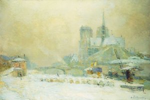 ケデラトゥールネルからのパリのノートルダム寺院の眺め：雪の影響;ノートルダムドパリ、ケドラトゥールネルの眺め、スノーエフェクト、 作： Albert Charles Lebourg