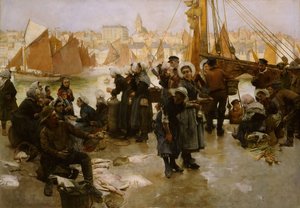 漁船団の出発、ブローニュ、1891 年。 作： Albert Chevallier Tayler
