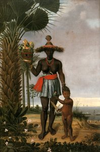 フランス語：子供とパニエを持った黒髪の女性の肖像 アメリカ人女性