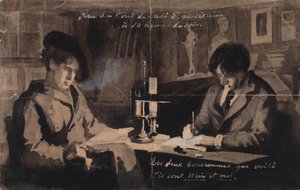 パリ、ロディ橋通り5番地のアトリエにいるジュリアン・アルデン・ウィアとアルベルト・エーデルフェルト 作： Albert Edelfelt