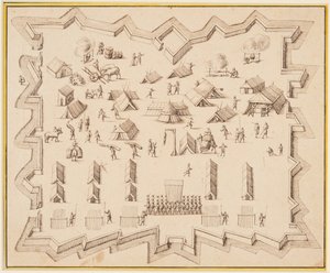 要塞のある軍事キャンプの鳥瞰図 作： Albert Flamen