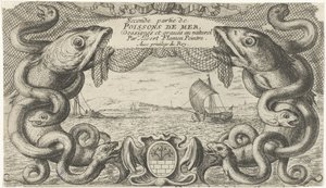 海の生き物の境界線と漁網のある海の風景 魚とその他の海の生き物 - 海水第二シリーズ (シリーズ タイトル) Poissons de mer (オブジェクトのシリーズ タイトル) 作： Albert Flamen