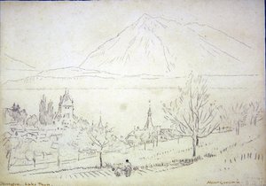 トゥーン湖、オーバーホーフェン（紙にインクと鉛筆） 作： Albert Goodwin