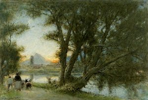 …の村、c.1860-c.1932（船内の油、ペン、インク） 作： Albert Goodwin