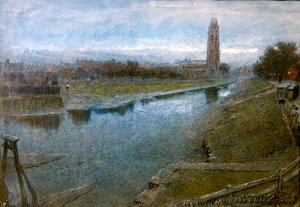 リンカンシャー州ボストンの眺め（鉛筆、ペン＆インク、水彩、紙） 作： Albert Goodwin