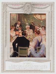 ベルエポック・パリ、ディナーを楽しむファッショナブルな女性（カラーリトグラフ 作： Albert Guillaume