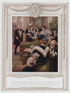ベルエポック・パリ、お茶を飲むおしゃれな女性（カラーリトグラフ 作： Albert Guillaume
