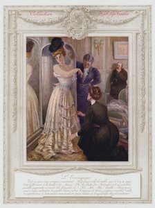 ベルエポック・パリ、ドレスを試着するファッショナブルな女性（カラーリトグラフ 作： Albert Guillaume