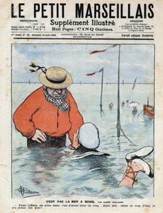 水泳を習っている女性が、他の水泳選手や酒好きの恋人に見守られている様子を描いた小さなコミックシーン。アルベール・ギヨームによるイラスト（「Le petit Marseillais」1902年8月24日号より 作： Albert Guillaume