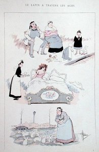 1900年頃、作家の作品集「Faut Voir」に掲載された漫画「The Rabbit over the Ages」（カラーリトグラフ）。 作： Albert Guillaume