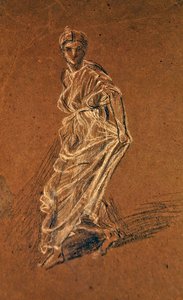 ロングドレスを着て前に出る少女の習作、1870年頃（茶色の紙に白黒のチョーク） 作： Albert Joseph Moore