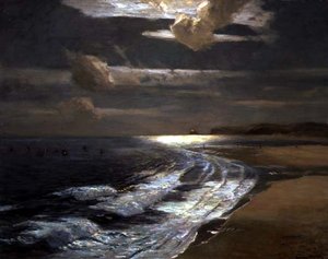 シルバームーンライト、セント・アイブス湾（油彩・キャンバス） 作： Albert Julius Olsson
