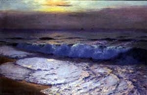 砕け散る波、夕暮れ（油彩・キャンバス 作： Albert Julius Olsson