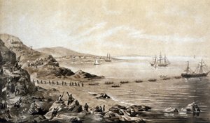アイルランドとカナダ間の最初の大西洋横断電信ケーブルの敷設 (1857 年) アルバート・クルーガーによる彫刻 c.1870 作： Albert Kruger