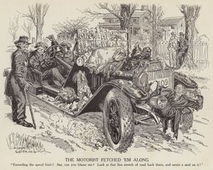 制限速度を超えて車を運転している人を揶揄する漫画（リトグラフ 作： Albert Levering