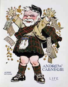 格子柄のスーツを着てお金を投げるアンドリュー・カーネギーのチャージポートレート - Albert Levering（1869-1929）作、1905年4月13日付「Life」掲載 作： Albert Levering