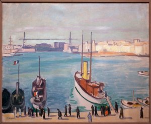 マルセイユ港 (Bouche du Rhone) - 背景にはフェリー橋が見えます 作： Albert Marquet