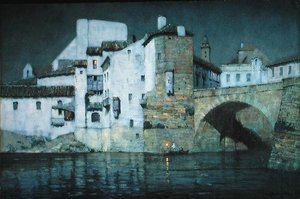 月の光、プエンテ・ジェニル、スペイン（鉛筆・水彩・紙） 作： Albert Moulton Foweraker