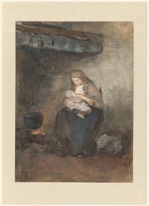 母は囲炉裏で子供に乳を飲ませる 作： Albert  Neuhuys