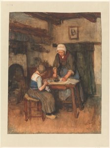 アイロンがけをする女性と裁縫をする子供のいるインテリア 作： Albert  Neuhuys