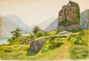 廃墟と山の風景