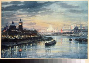 Illuminations a Moscow (イルミネーション イン モスクワ)。 Albert Nikolayevich Benois (1852-1936) によるデッサン。 カラーリトグラフ、19世紀のロシア美術。 ロシア国立図書館、モスクワ。 作： Albert Nikolayevich Benois