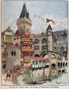 万国博覧会でのロビダの「オールド・パリ」の一角。1900年5月26日の表紙「The Little Frenchman illustrated」。 作： Albert Robida