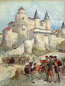 囚われの身となったフランソワ1世（1494-1547）は、1526年までマドリード（スペイン）のアルカサルの塔に幽閉されていた。イラスト 作： Albert Robida