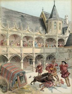 アンボワーズのイノシシ1515年、フランソワ1世（1494-1547）の未来後の祝賀会の際、アンボワーズ城の中庭にいた緩いイノシシがバリケードを壊し、床に続く階段を登ってきました。王は彼を剣で撃ち落とした。イル 作： Albert Robida