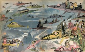 1900年にデザイナー、アルベール・ロビダが見た2000年のパリ・オペラ座の公開。パリジャンたちはあらゆる空の乗り物を乗りこなす。