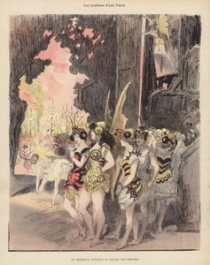 パリのシャトレ劇場で行われた「昆虫バレエ」の舞台裏（カラーリトグラフ）。 作： Albert Robida