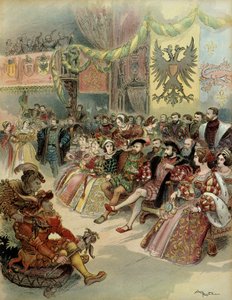 1539年、フォンテーヌブロー城で、フランス王フランソワ1世（1494-1547）の宮廷で、スペイン王兼神聖ローマ帝国皇帝ゲルマン人のシャルル5世（1500-1558）の立ち会いのもとに行われたバル。イラスト 作： Albert Robida