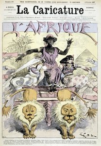 アフリカの植民地主義に関する漫画「アフリカの植民地主義的な新商品の大発見、あなたの選択をしてください。大陸全体を共有し、素晴らしい機会、コンゴの断片、ギニアの断片」by Robida - 1887年5月2日の「La Caricature」に掲載。
