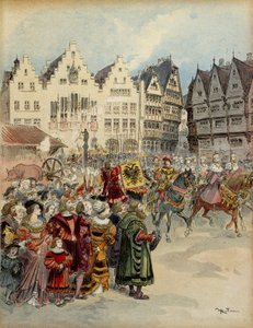 1519年6月28日、シャルル5世（1500-1558）がドイツ皇帝に選出される。フランクフルト（ドイツ）の街を走る7人の選帝侯の隊列。イラスト 作： Albert Robida