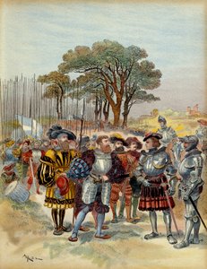 第5次イタリア戦争（1515-1516）：ミラノ（イタリア）前のビコッカ（bicoque）から退却したキャンプで、1516年、スイス人が支払いを要求してきたが、コンジュや戦闘では、フランスのマレシャル（1485-1528）であるロートレック子爵のオデット・ド・フォイは支払うことができなかった。イラスト
